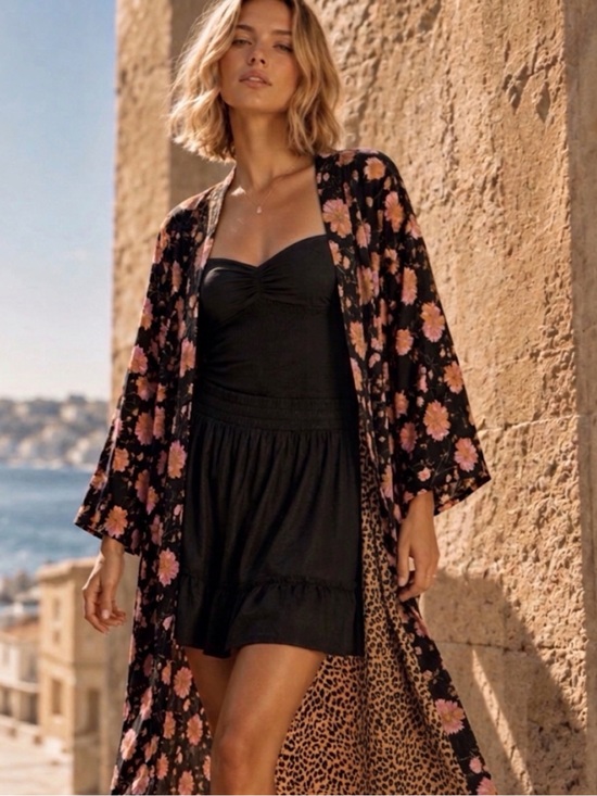 saltwater LUXE Tops - SALTWATER LUXE Fiona Mixed Floral Leopard Print Kimono Duster Size M